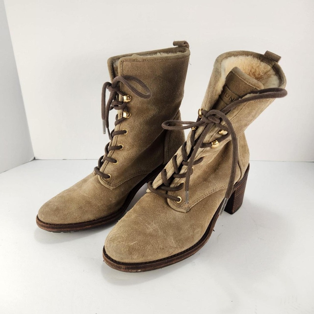 Hunter Women's Size 9.5 Suede Lace Up Ankle Boots Brown Shearling Lined Heels